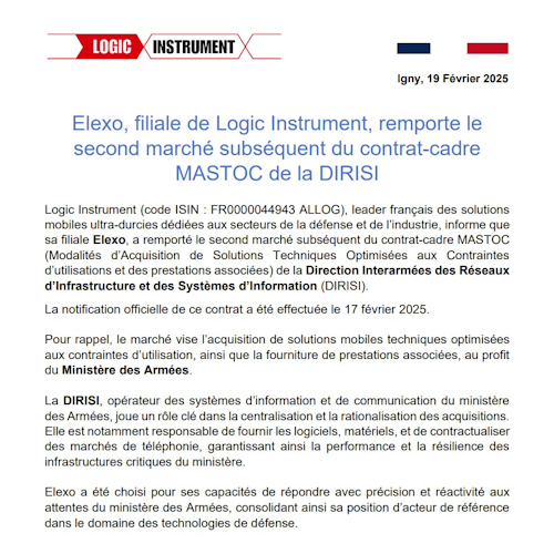 Elexo, filiale de Logic Instrument, remporte le second marché subséquent du contrat-cadre MASTOC de la DIRISI